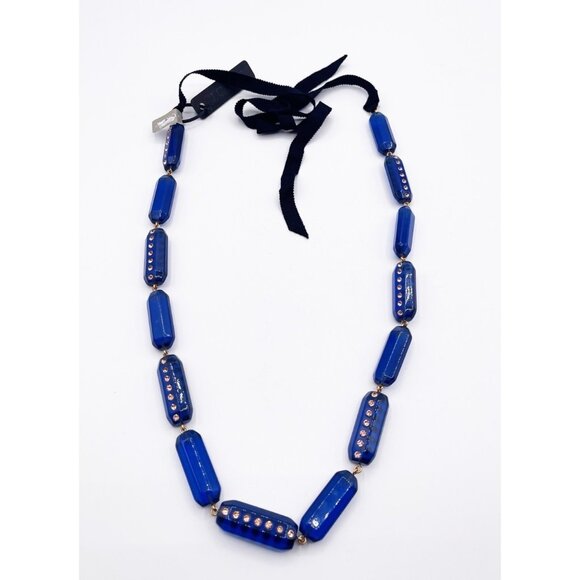 J.Crew Blue Acrylic Bead Ribbon Necklace Rhinestones Adjustable Tie Closure NWT - Picture 1 of 4
